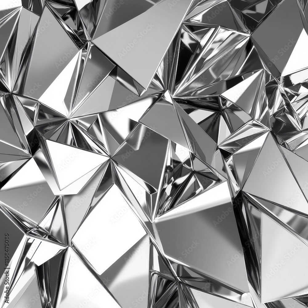 Poster an abstract composition of shiny, reflective geometric shapes creating a mesmerizing metallic surfac