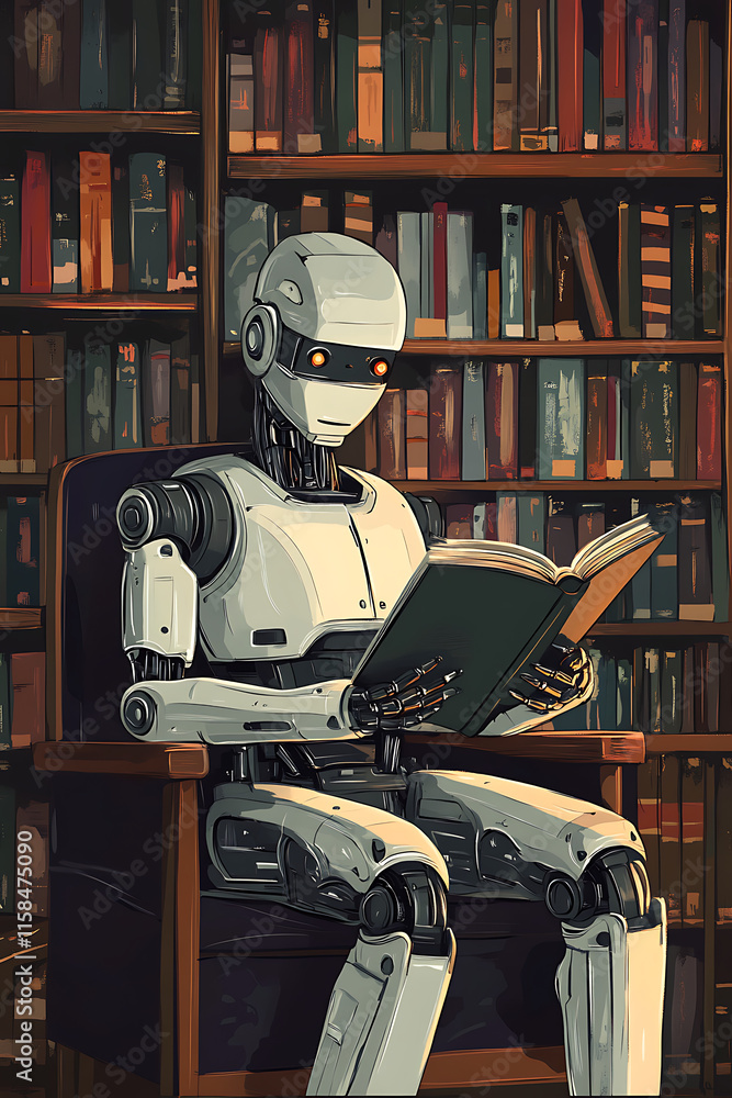 Poster a robot reading a book in a cozy library setting.