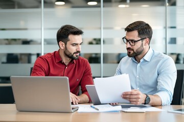 Obraz premium Two men in shirts reviewing papers at a wooden desk with a laptop in a bright office. Modern workspace, teamwork, collaboration, business concept. Ai generative