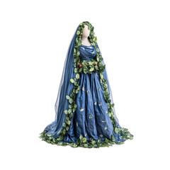 Elegant Blue Gown Adorned with Greenery and Apples on Mannequin