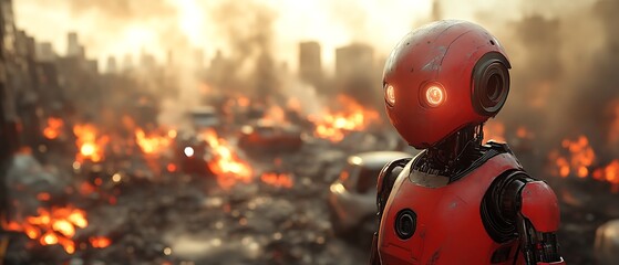 Red robot in burning city.