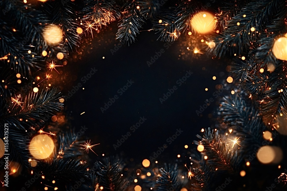Aufkleber christmas background showing fir tree branches framing a dark copy space, decorated with sparkling l