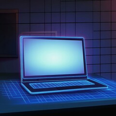 Futuristic glowing laptop design in a dark, modern workspace with a high-tech vibe.