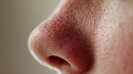 Fototapeta premium Close up of red irritated nose, emphasizing the discomfort and struggle of allergies or cold symptoms, highlighting the human vulnerability and resilience in the face of common ailments.