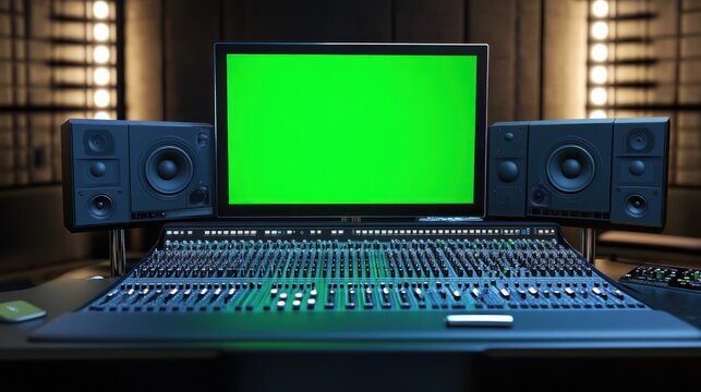 Modern Music Record Studio Control Desk with green screen and professional recording equipment