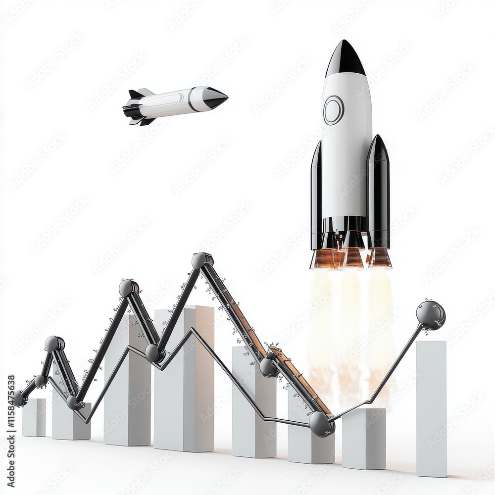 Poster a dynamic representation of growth, featuring a rocket launching above upward-trending graphs and ar