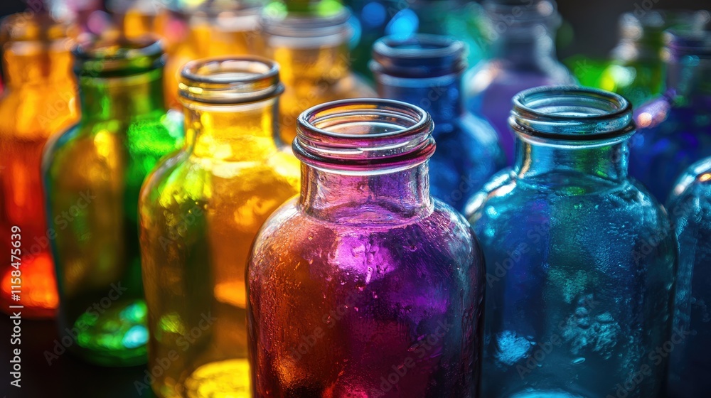Poster An array of colorful glass jars filled with various liquids, creating a stunning visual effect with their unique colors and textures, perfectly aligned