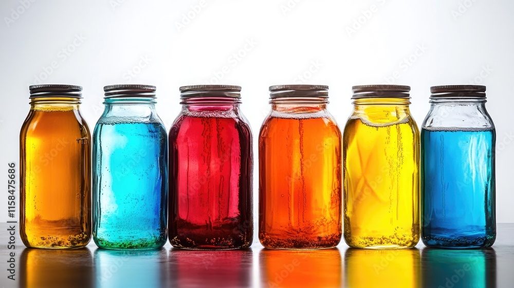 Poster an artistic collection of glass jars filled with vivid liquids, arranged in a row, emphasizing color