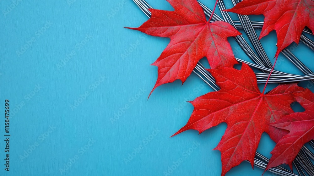 Poster maple leaves abstract background idea. vibrant red maple leaves on a blue background create a striki
