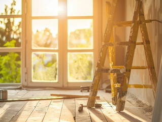 Ladder and Paint Supplies in Bright Renovation Space