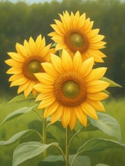 Obraz premium Vibrant sunflowers bloom under the warm sun, surrounded by lush greenery, symbolizing joy and positivity in a serene natural setting.