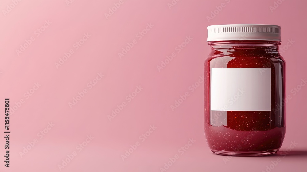 Poster An elegant glass jar of raspberry jam with a blank white label, styled on a solid pink background, perfect for custom design presentations or product showcases