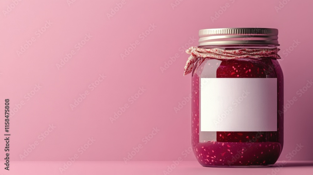 Poster An elegant glass jar of raspberry jam with a blank white label, styled on a solid pink background, perfect for custom design presentations or product showcases