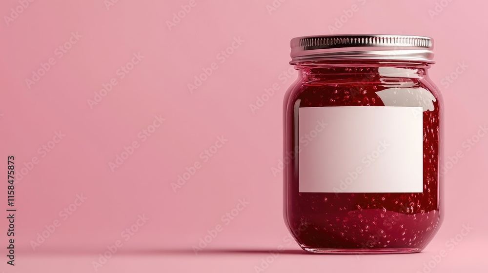 Poster An elegant glass jar of raspberry jam with a blank white label, styled on a solid pink background, perfect for custom design presentations or product showcases