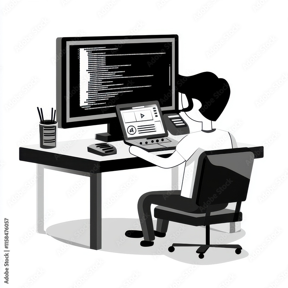 Poster a young male coder working at a desk, focused on programming with a desktop and laptop setup.