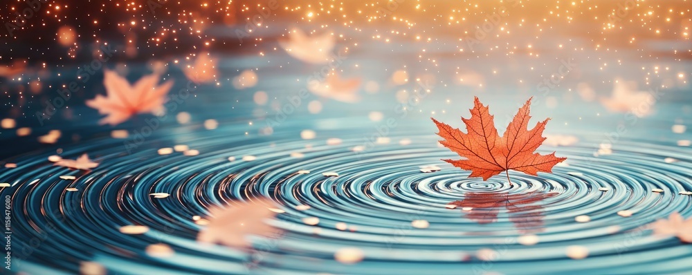 Poster maple leaves abstract background idea. a serene autumn scene with a red maple leaf floating on rippl
