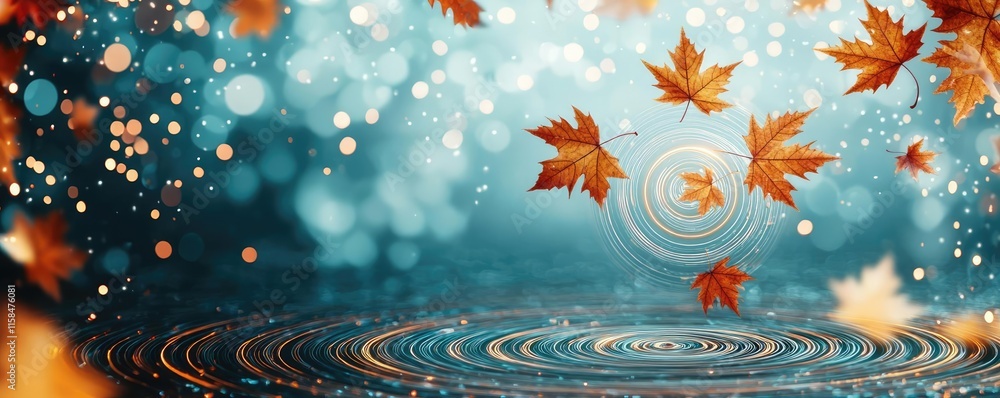 Poster maple leaves abstract background idea. autumn leaves falling into shimmering water with colorful bok