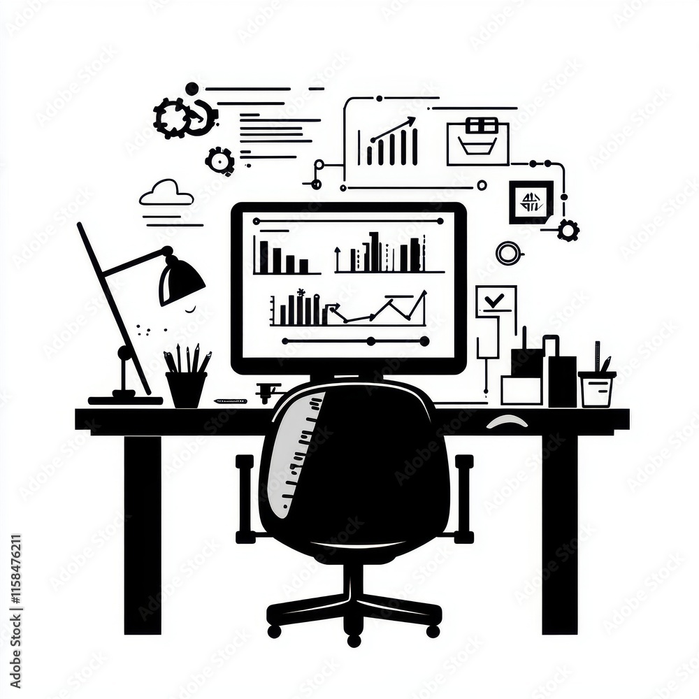 Poster a modern office workspace featuring a desk, computer, and various graphical data elements in a monoc