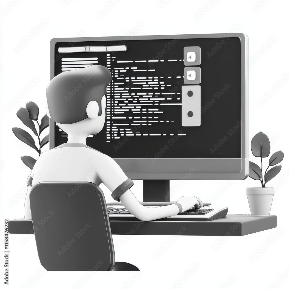Aufkleber a young male character focused on coding at a sleek computer setup, surrounded by plants in a minima