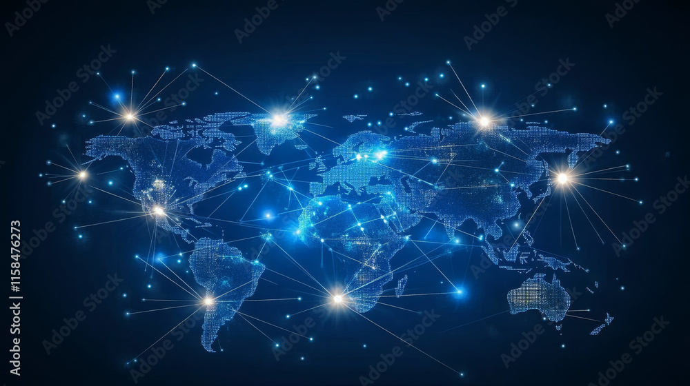 Poster abstract global dot network circle digital connection and communication futuristic on blue backgroun