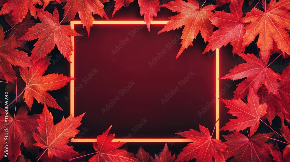 Poster maple leaves abstract background idea. vibrant red autumn leaves frame a blank space for text or des