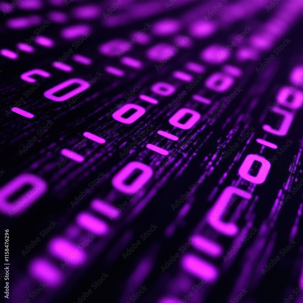 Poster abstract digital binary code in a vibrant purple hue, creating a futuristic and technological feel.