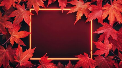 Obraz premium Maple leaves abstract background idea. Vibrant red autumn leaves frame a blank space for text or design elements.