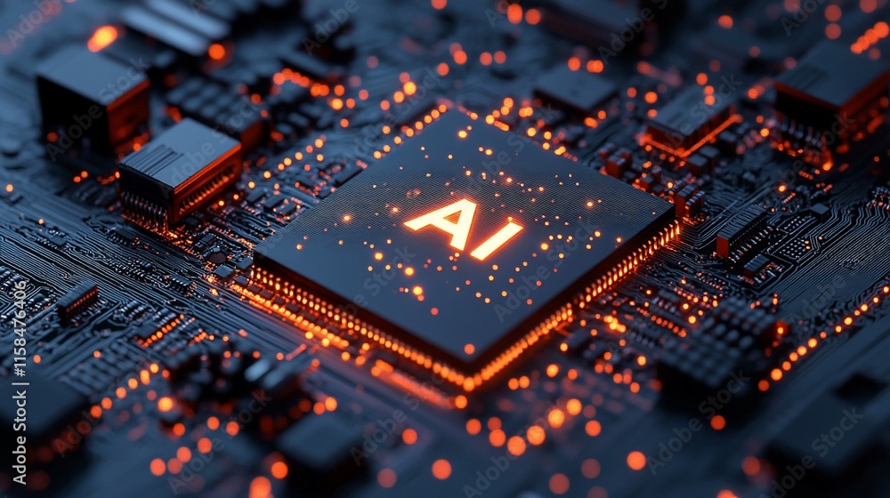 Poster ai processor glowing on circuit board.