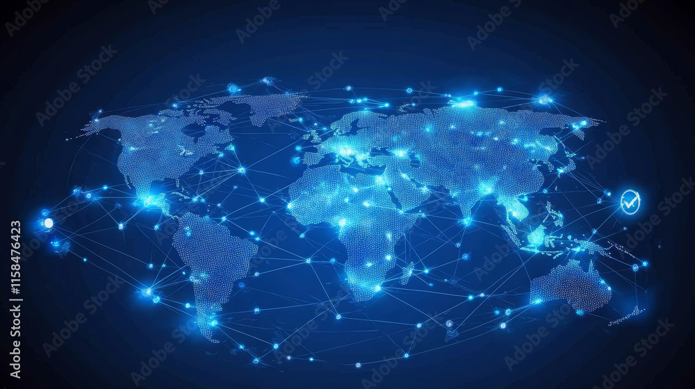 Poster abstract global dot network circle digital connection and communication futuristic on blue backgroun