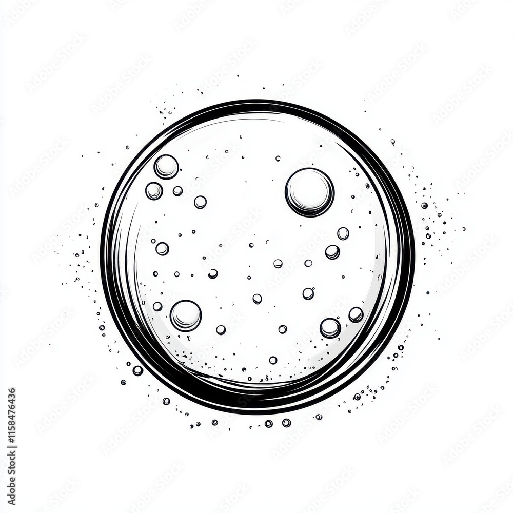 Poster minimalist black and white illustration of bubbles in a circular shape, creating an elegant and mode