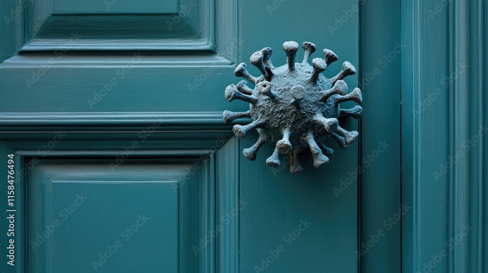 Poster an intriguing door handle designed in the shape of a coronavirus, set against a teal-colored door, s