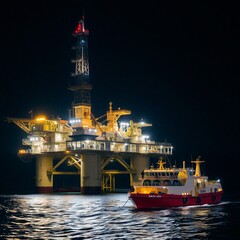 a boat is in the water near a large oil rig