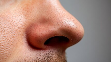 Fototapeta premium Close up of red irritated nose, emphasizing the discomfort and struggle of allergies or cold symptoms, highlighting the human vulnerability and resilience in the face of common ailments.