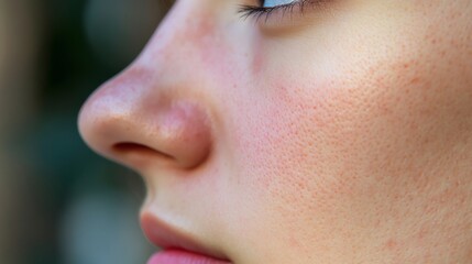 Fototapeta premium Close up of red irritated nose, emphasizing the discomfort and struggle of allergies or cold symptoms, highlighting the human vulnerability and resilience in the face of common ailments.