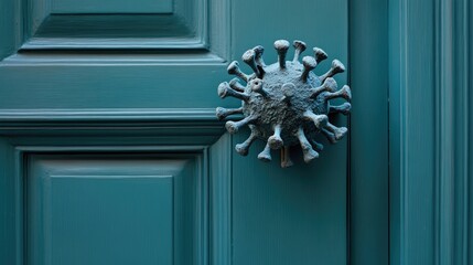 An intriguing door handle designed in the shape of a coronavirus, set against a teal-colored door, symbolizing the intersection of art and health issues