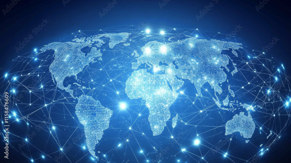 Aufkleber abstract global dot network circle digital connection and communication futuristic on blue backgroun