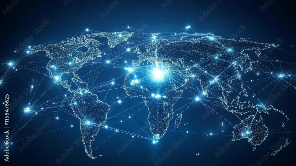 Poster abstract global dot network circle digital connection and communication futuristic on blue backgroun