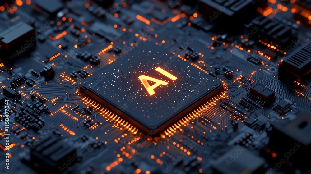 Poster ai processor chip on circuit board glowing orange.