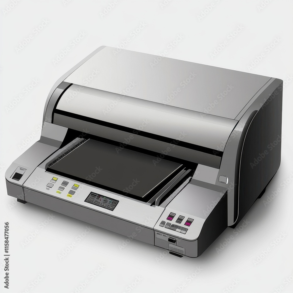 Poster a sleek, modern flatbed scanner featuring a metallic finish and multiple buttons for easy operation.