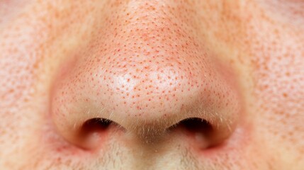 Close up of red irritated nose, emphasizing the discomfort and struggle of allergies or cold symptoms, highlighting the human vulnerability and resilience in the face of common ailments.