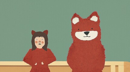 Child Dressed in Lynx Costume with Tufted Ears and Bear, Whimsical Illustration with Playful Characters for Kids