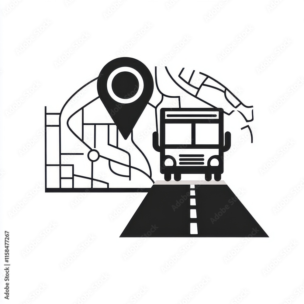 Aufkleber a stylized graphic of a bus on a road, with a map and location pin illustrating navigation and trans
