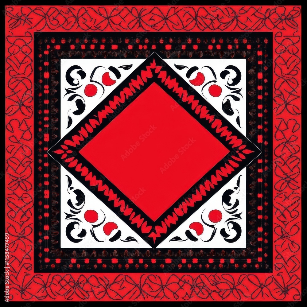 Poster a vibrant red and black patterned design featuring intricate borders and geometric shapes.