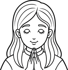 Girl's Praying Hands Vector Line Art on White Background, Spiritual Minimalist Illustration.