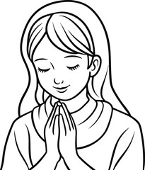 Girl's Praying Hands Vector Line Art on White Background, Spiritual Minimalist Illustration.