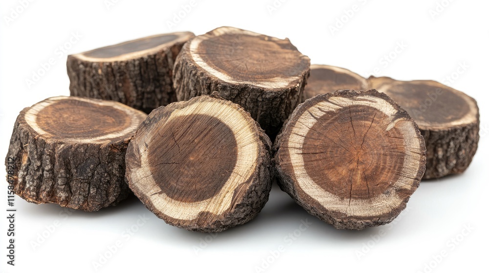 Poster Close-up of round firewood logs with rough bark and detailed wood grain, stacked in a tidy pile against a simple white background for a rustic look