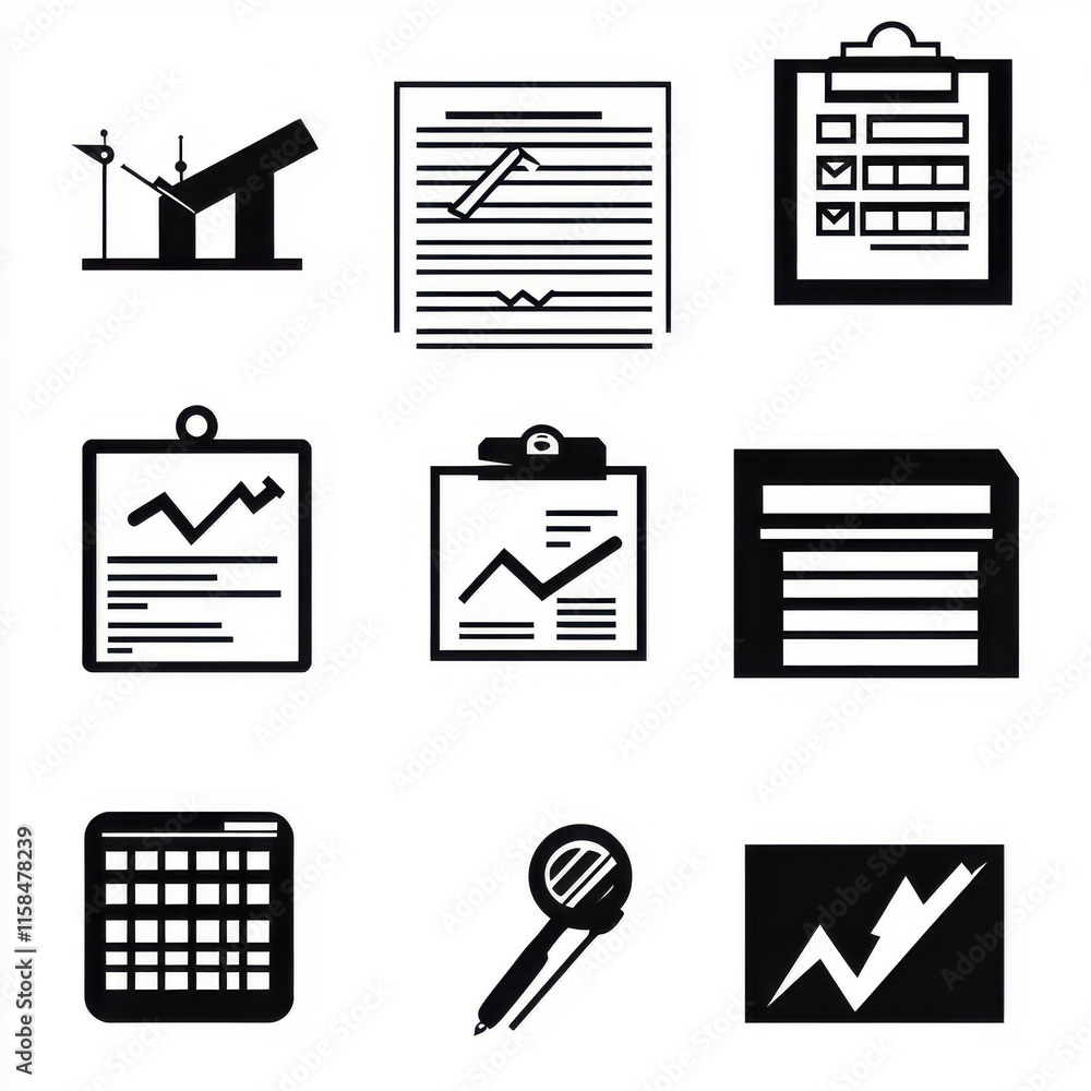 Poster collection of black and white icons representing data analysis and reporting, ideal for business use