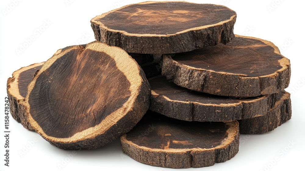 Poster close-up of round firewood logs with rough bark and detailed wood grain, stacked in a tidy pile agai