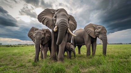 Fototapeta premium A close-up of an elephant herd in the savanna under a dramatic cloudy sky.