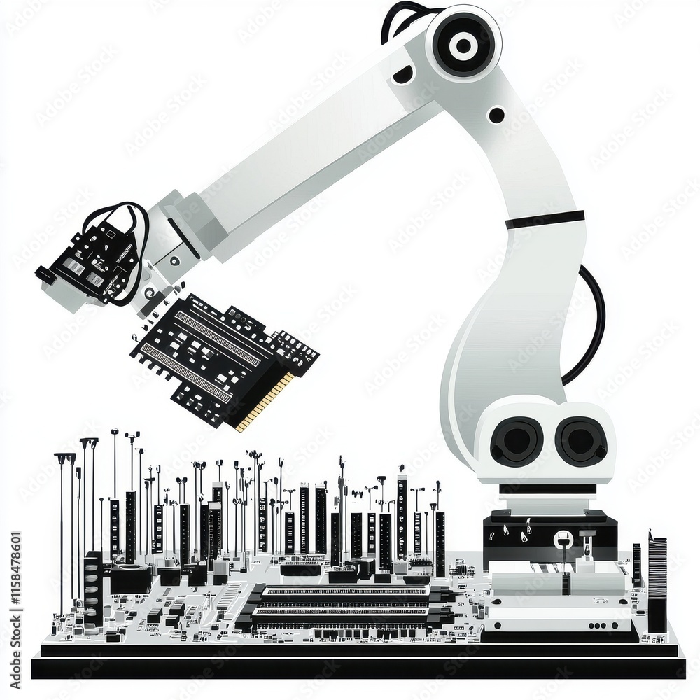 Poster a robotic arm assembles electronic components on a circuit board, showcasing cutting-edge technology